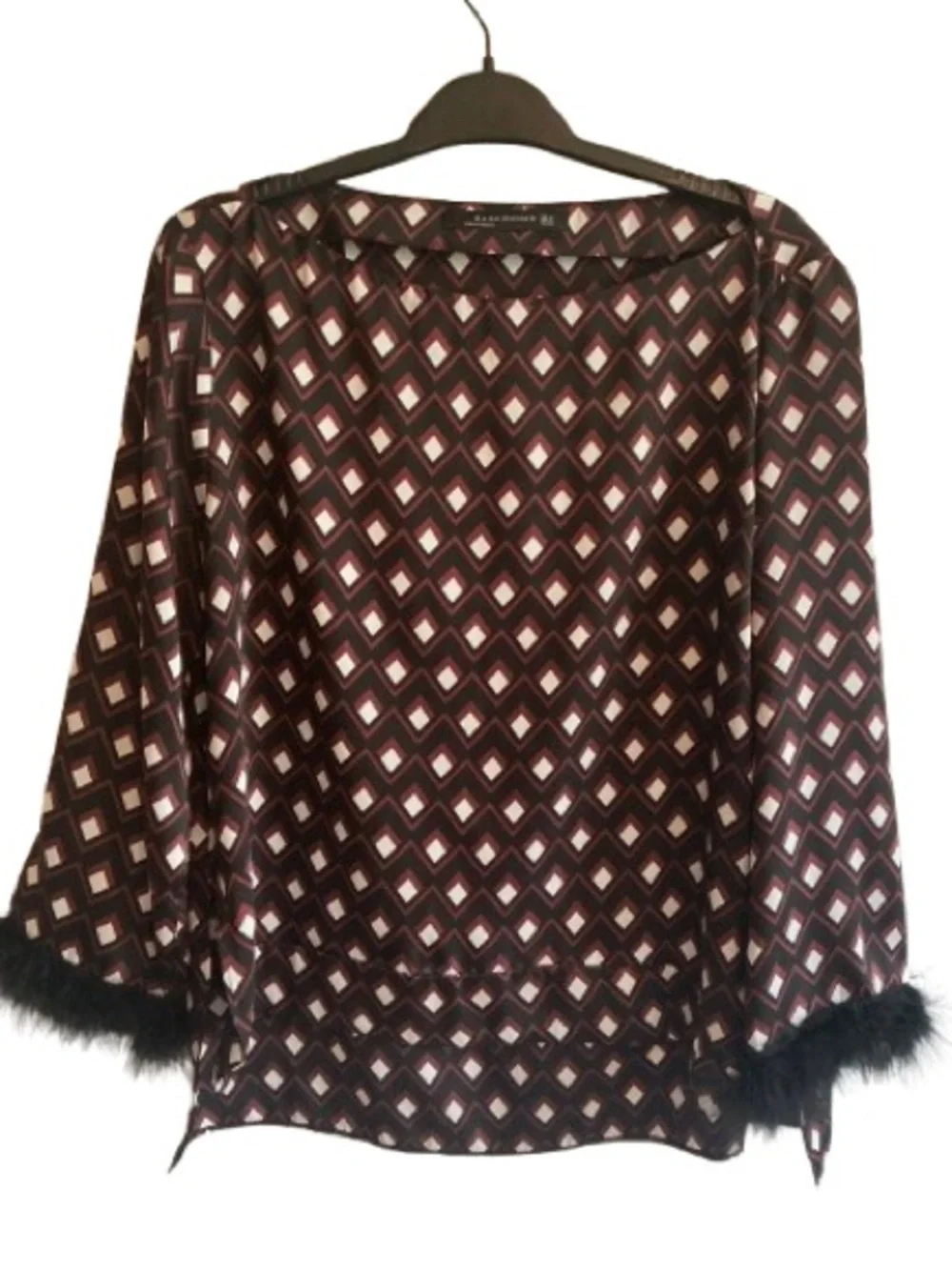 Zara  Geometric Satin Blouse with Feather Cuffs - Black and Burgundy - Size M - Picture 2 of 5